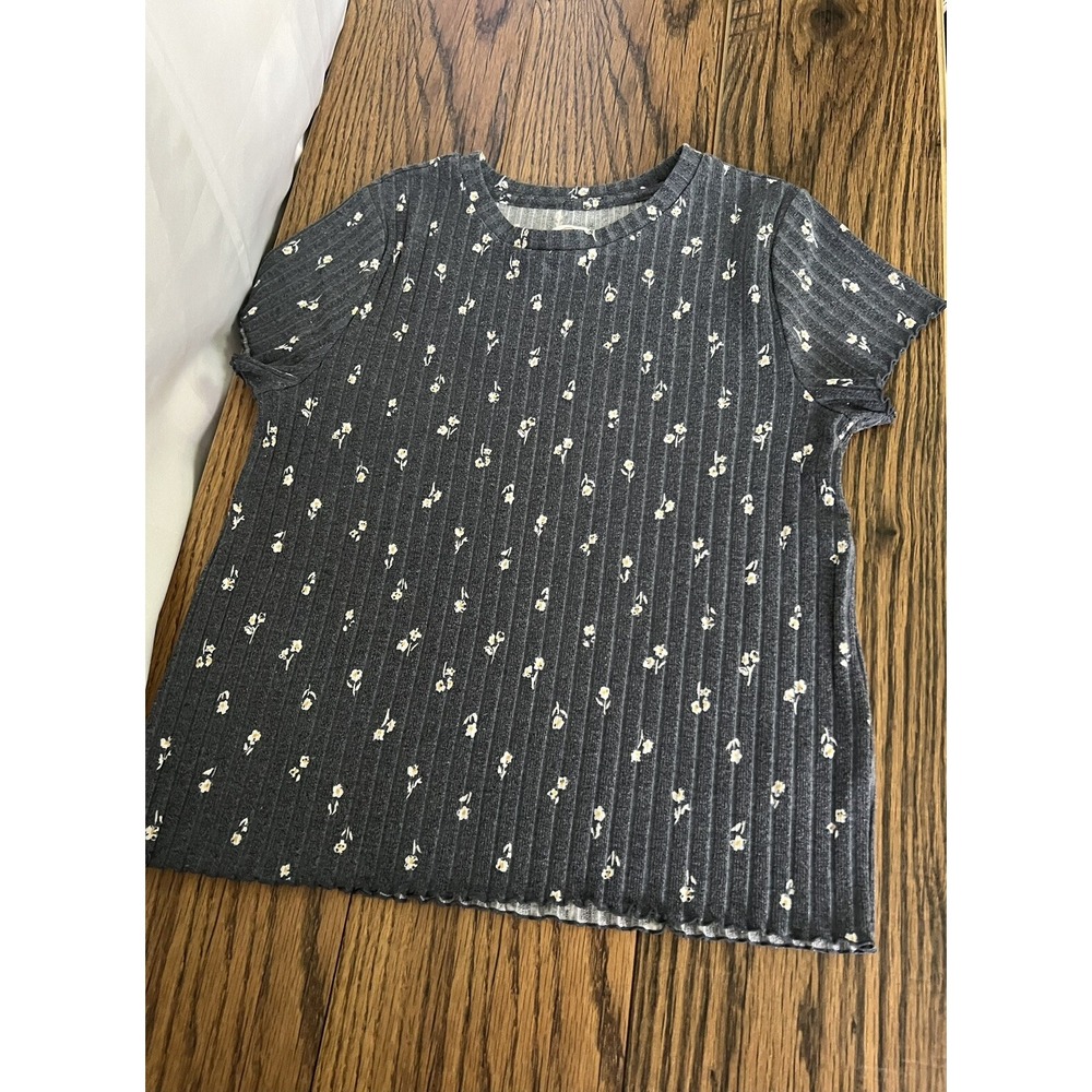 WONDER NATION Juniors XL 14-18 Gray Ribbed‎ Floral Top Cottagecore Y2K Aesthetic